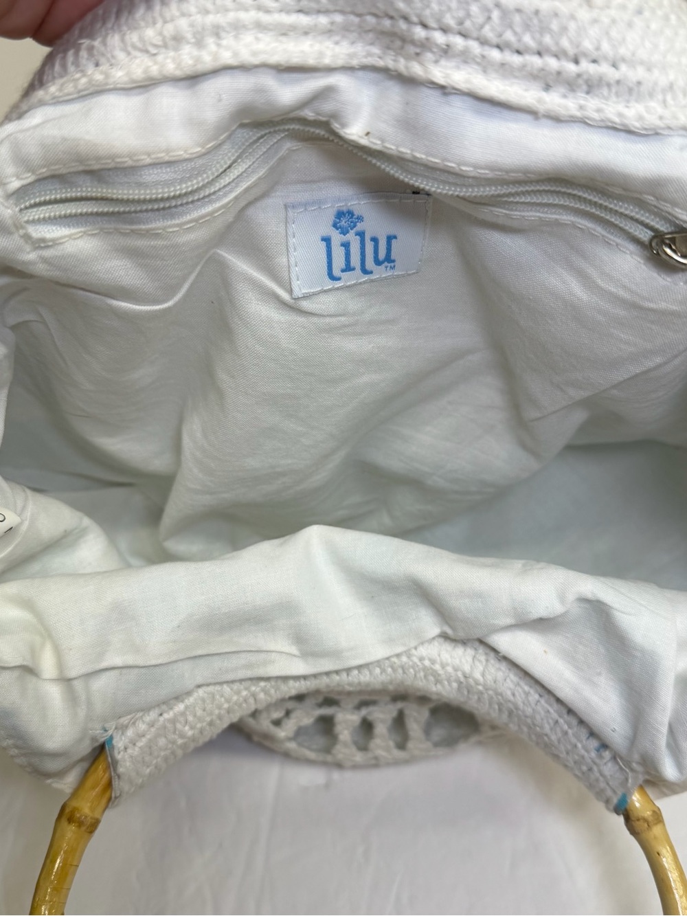 Lilu White Crochet Purse with teal and‎ gray floral underlay Bamboo Handles. - Picture 8 of 10